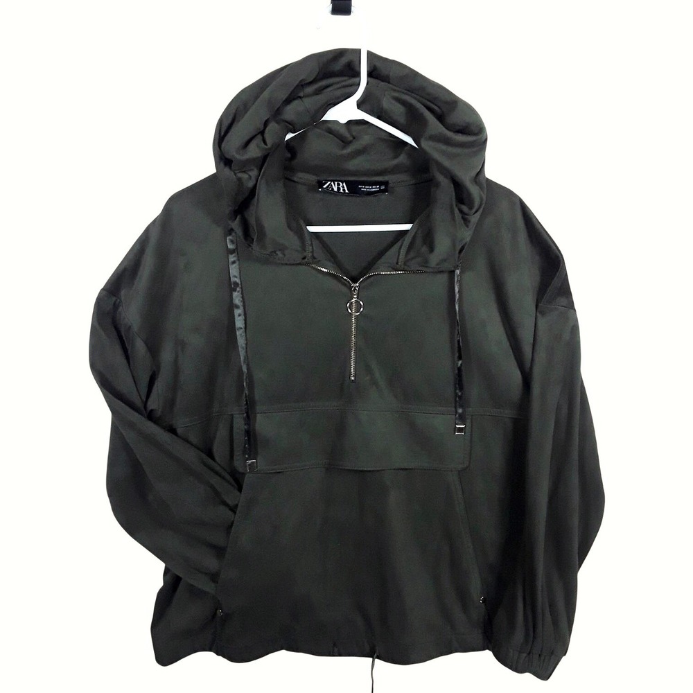 Zara Dark Olive Hooded Quarter Zip Anorak Jacket Kangaroo Pocket M Gorpcore